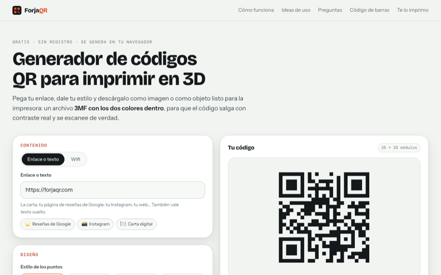Forja QR — generador de códigos QR para imprimir en 3D