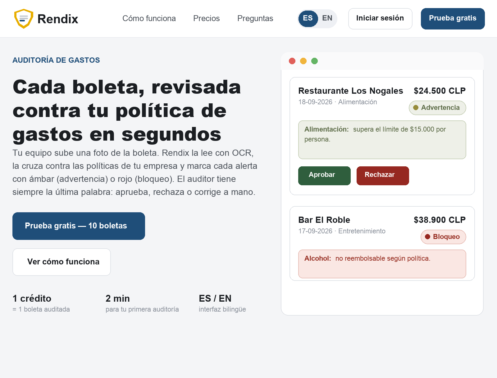 Rendix — pantalla de auditoría de boletas